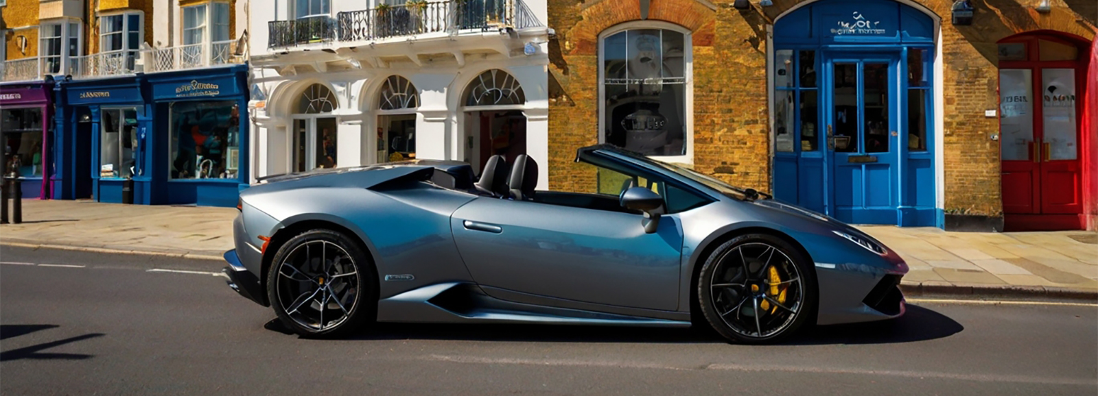 A silver Lamborghini Convertible parked on a street with colorful storefronts of Brighton